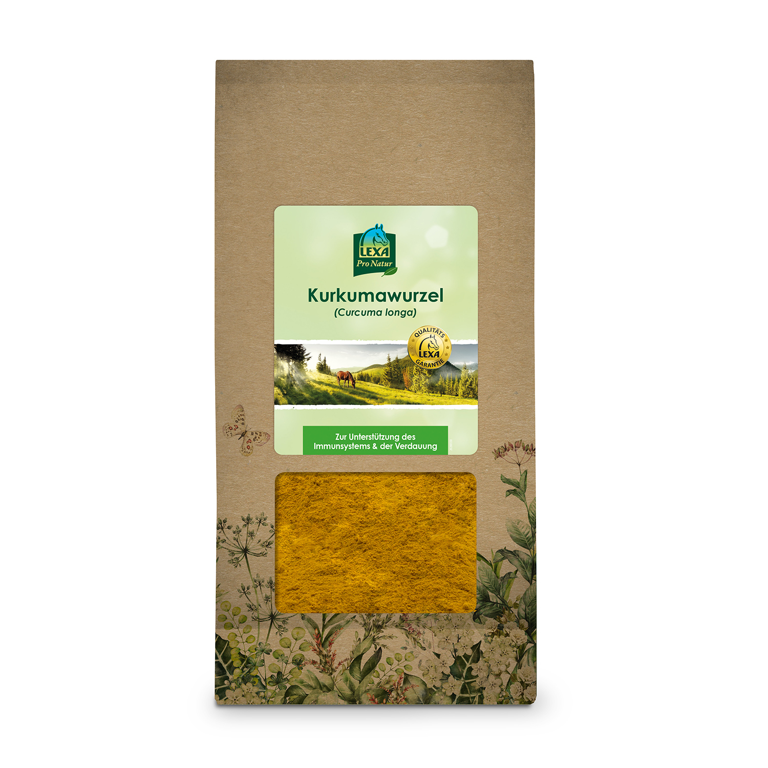 Braune Papiertüte mit Kurkumawurzelpulver mit Sichtfenster