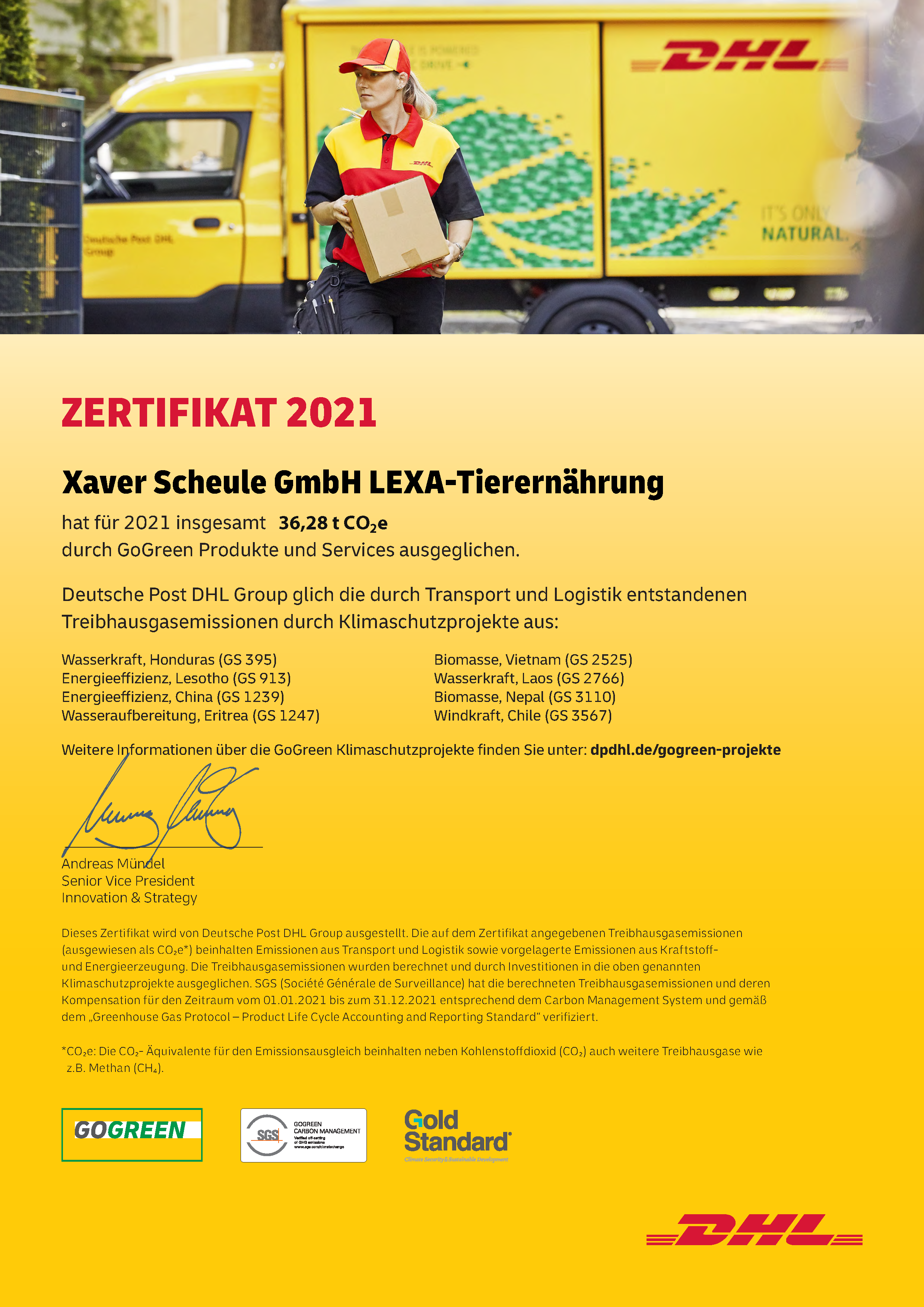 Zertifikat 2021 von DHL für Xaver Scheule GmbH LEXA-Tierernährung, bestätigt CO2-Reduktion durch GoGreen Projekte.