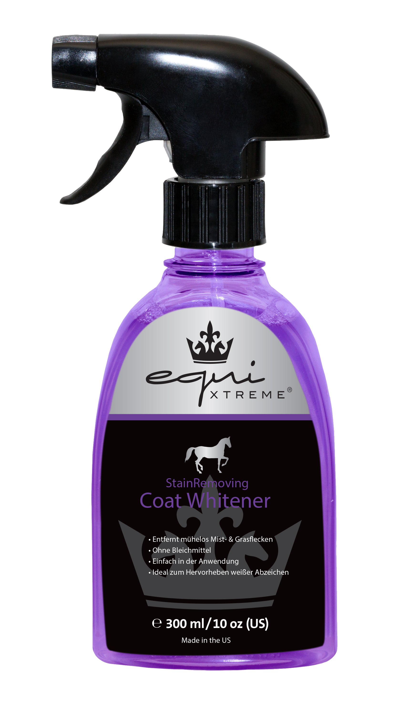 Flasche mit Sprühkopf für Equi Xtreme Coat Whitener, lila Flüssigkeit, 300 ml.