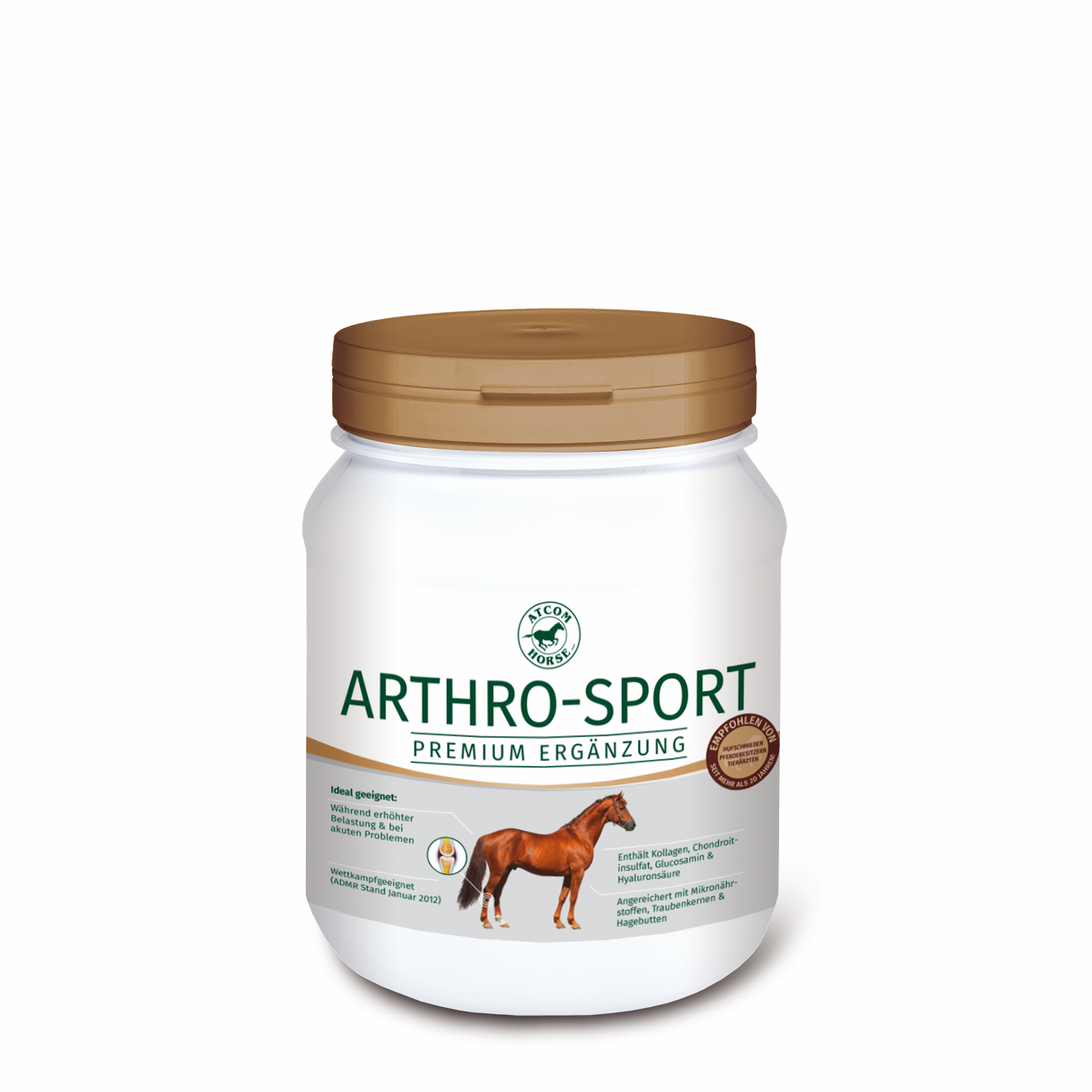 Weißer Behälter mit braunem Deckel, beschriftet mit 'ARTHRO-SPORT PREMIUM ERGÄNZUNG' für Pferde.