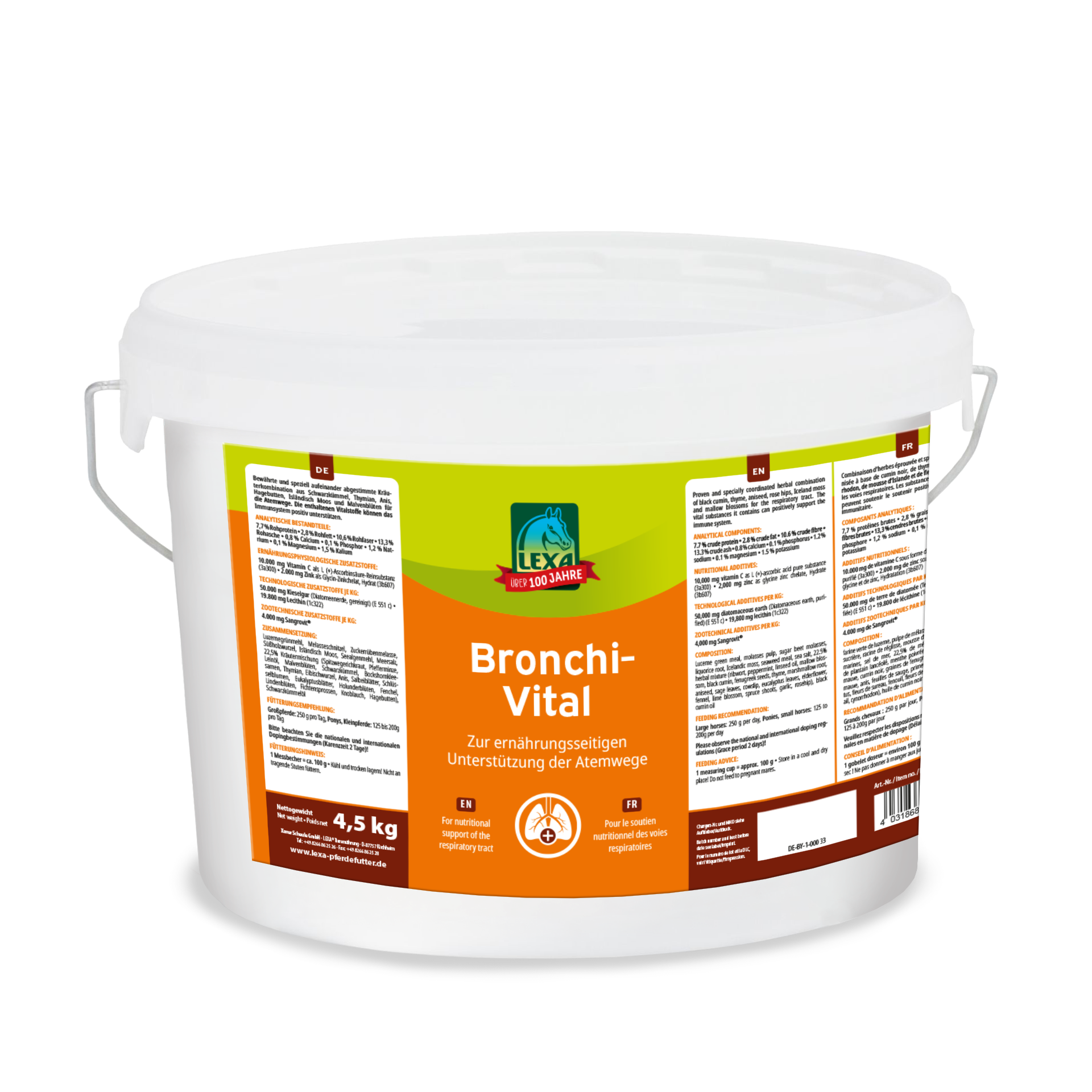 Eimer (Kunstoff) mit Bronchi-Vital,zur Unterstützung der Atemwege, mit detaillierter Inhaltsstoffliste.