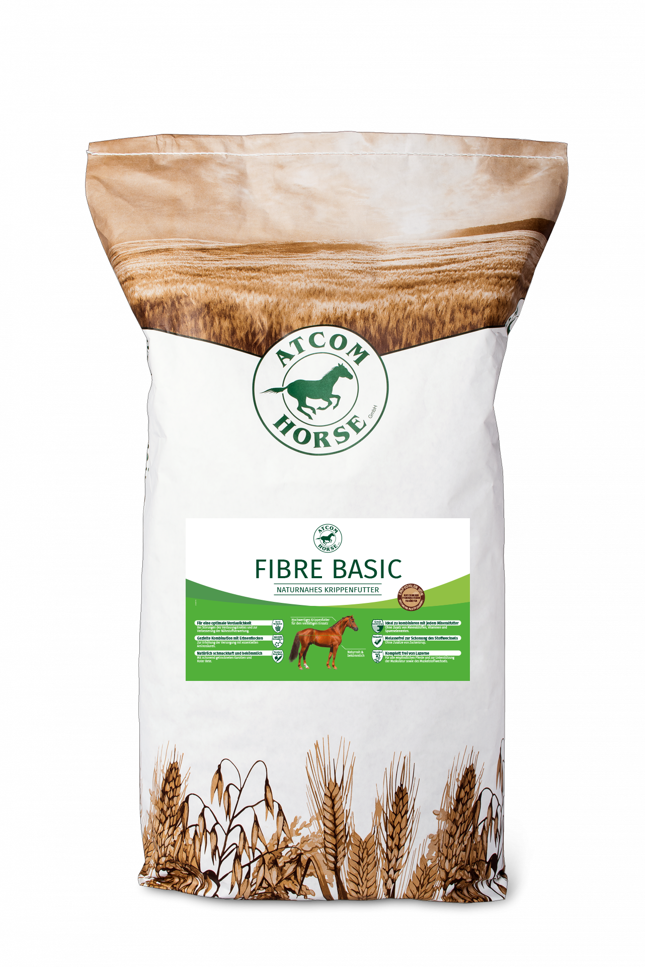 Sack (Papier) mit Pferdefutter 'Fibre Basic' von ATCOM HORSE, mit Informationen zur Fütterung und Inhaltsstoffen.