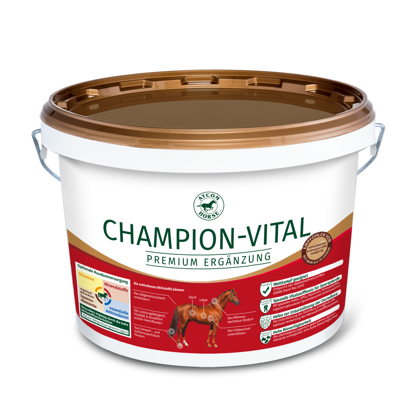 Eimer mit 'Champion-Vital' Premium Ergänzung für Pferde, weiß mit braunem Deckel, enthält Nährstoffinformationen.