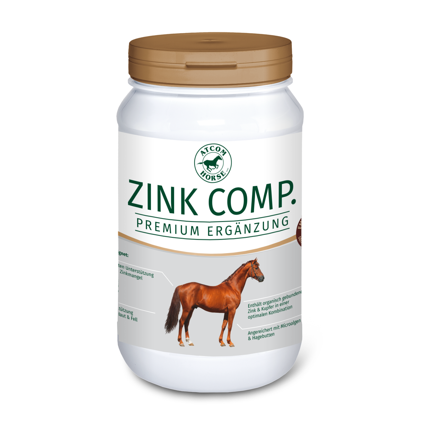 Zink Comp. von Atcom Pferde, ein Premium-Ergänzungsfuttermittel für Pferde in einem weißen Behälter mit goldfarbenem Deckel.