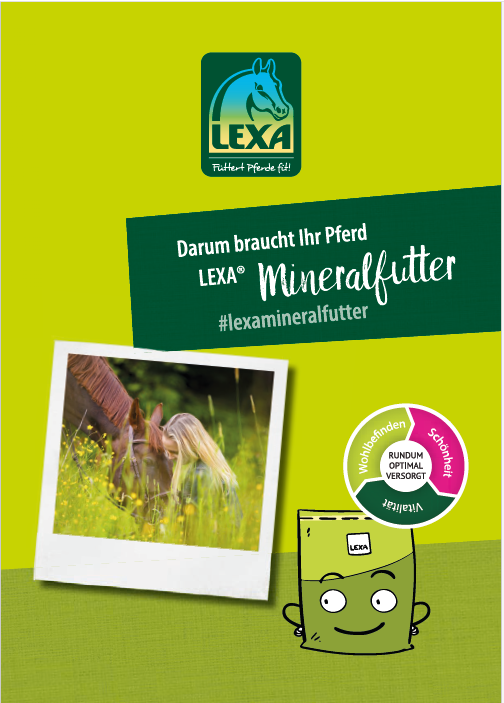 Ein Pferd frisst Gras auf einer Wiese, mit dem Text 'Darum braucht Ihr Pferd LEXA® Mineralfutter' im Hintergrund.