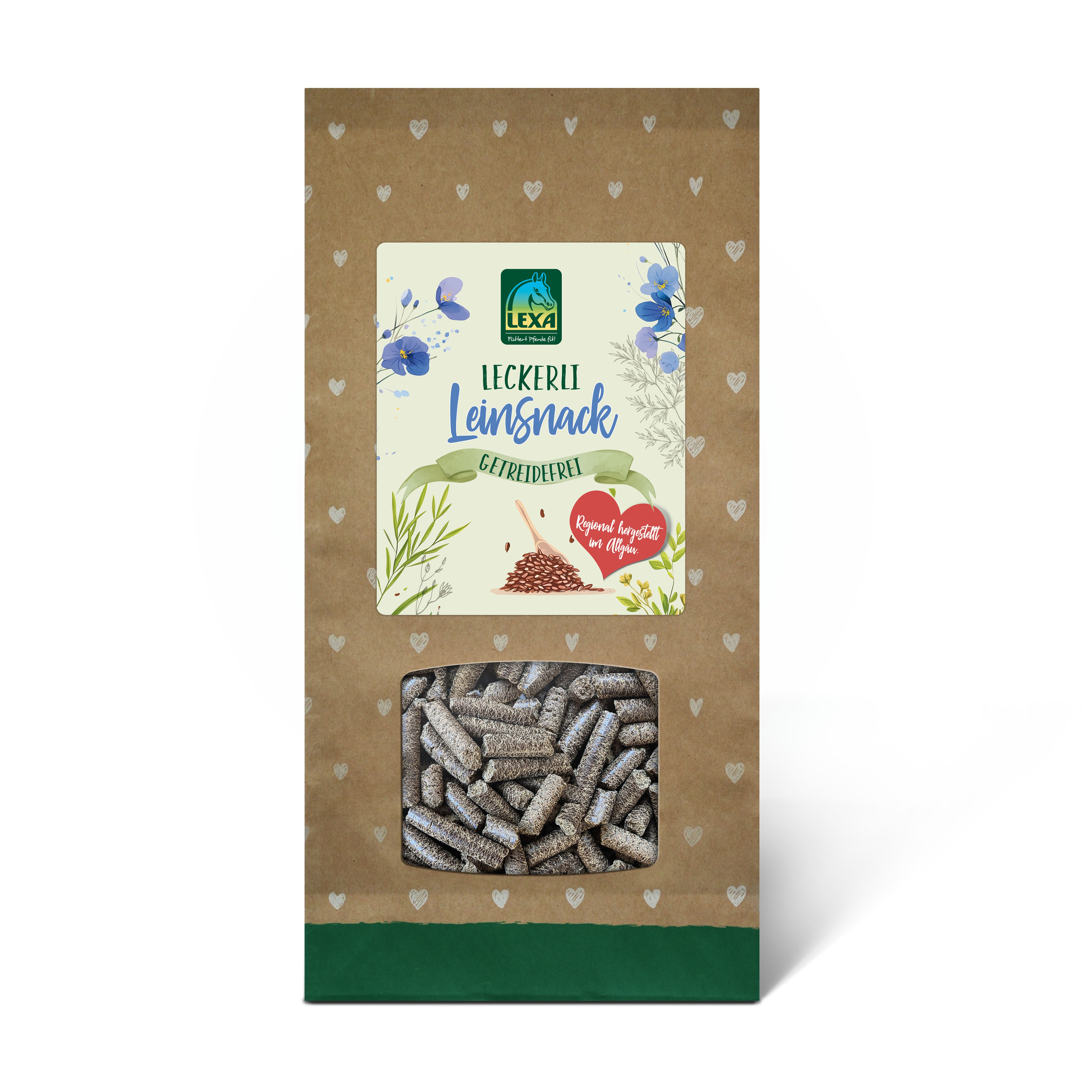 LEXA Leinsnack in einer braun grünern Verpackung (1kg Beutel) mit einem Etikett und einem Sichtfenster, welches das Produkt darstellt