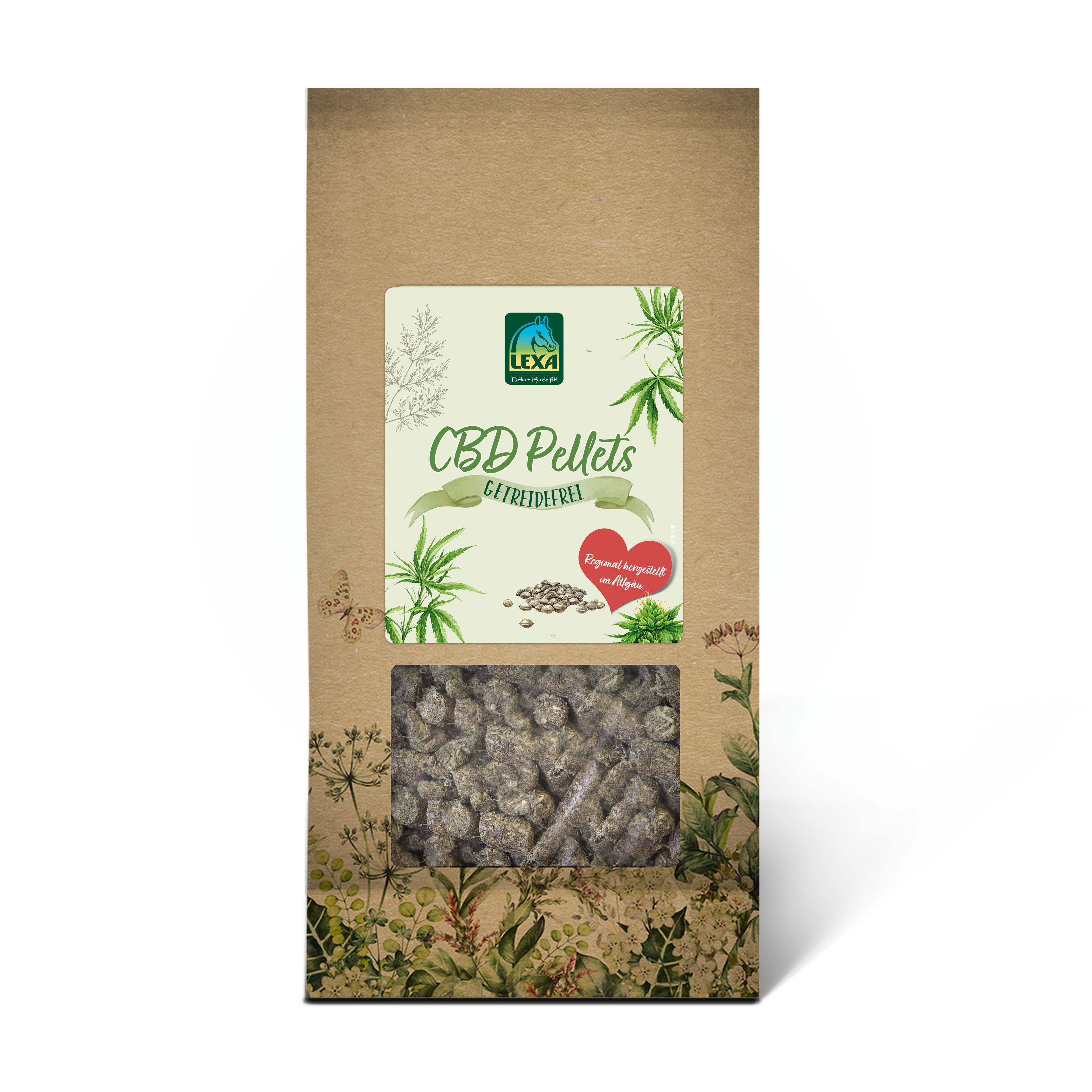 Braune Papiertüte mit Sichtfenster in welchem die CBD Pellets zu sehen sind. Grünes Etikett und Kräuterillustrationen am Rand der Verpackung.