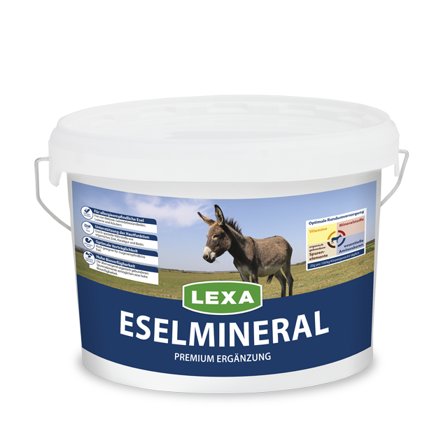 Eselmineral von LEXA in einem weißen Eimer, mit einem Esel auf dem Etikett.