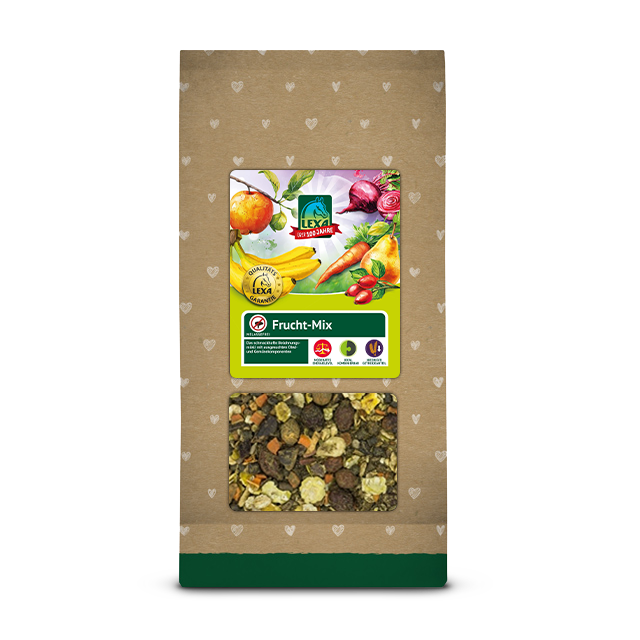 LEXA Frucht-Mix in einer 1 kg Verpackung mit braunem Beutel und buntem Etikett und Sichtfenster für die Struktur des Produkts
