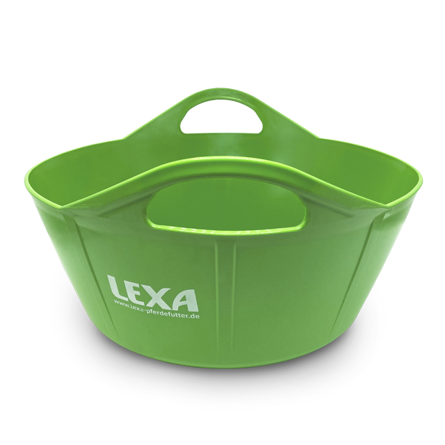 Grüne Kunststoffschüssel mit zwei Griffen und dem Aufdruck 'LEXA'.