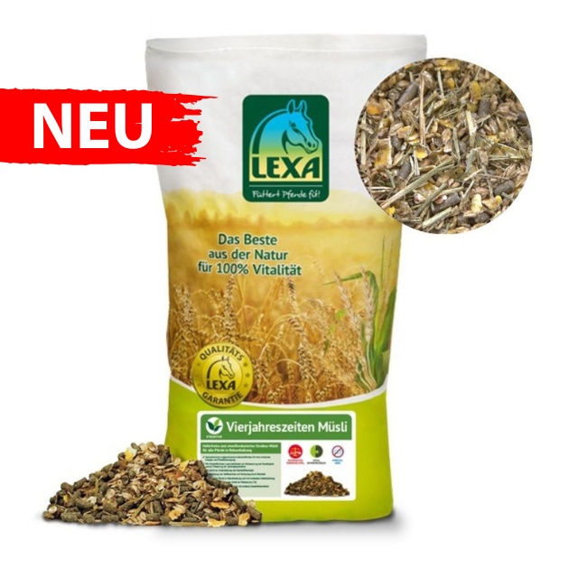 Verpackung von LEXA Vierjahreszeiten Müsli mit einer Mischung aus Kräutern und Getreide.