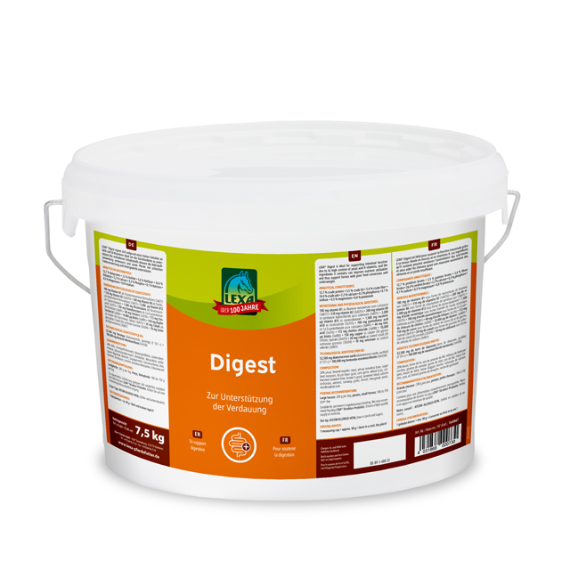 Eimer mit 7,5 kg Verdauungsunterstützung von Leyh, orangefarbene Verpackung mit detaillierten Anweisungen.
