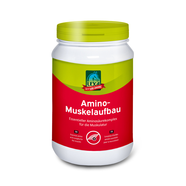 LEXA Amino-Muskelaufbau, essenzieller Aminosäurekomplex für die Muskulatur, in einer weißen Dose (Kunststoff) mit grünem Deckel.