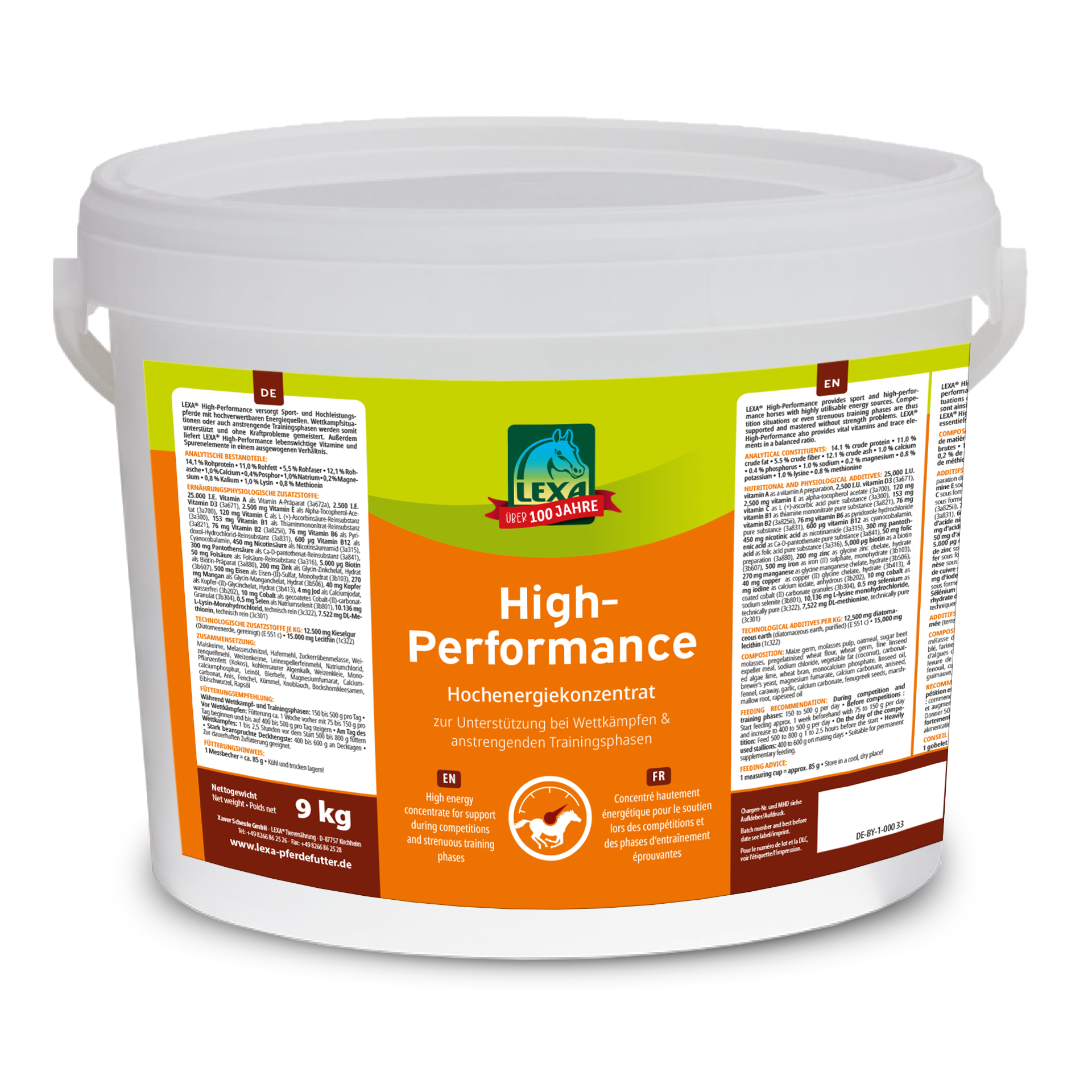 weißer Eimer (Kunststoff) mit einem Orangen Etikett. Hochenergie-Konzentrat für Pferde.