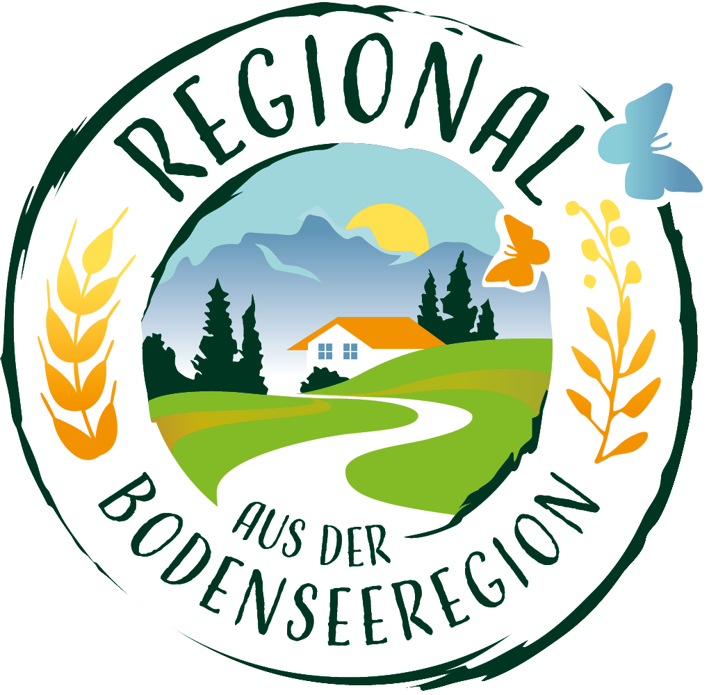 Logo mit dem Text 'Regional aus der Bodenseeregion', zeigt eine Landschaft mit einem Haus, Bäumen und Bergen.