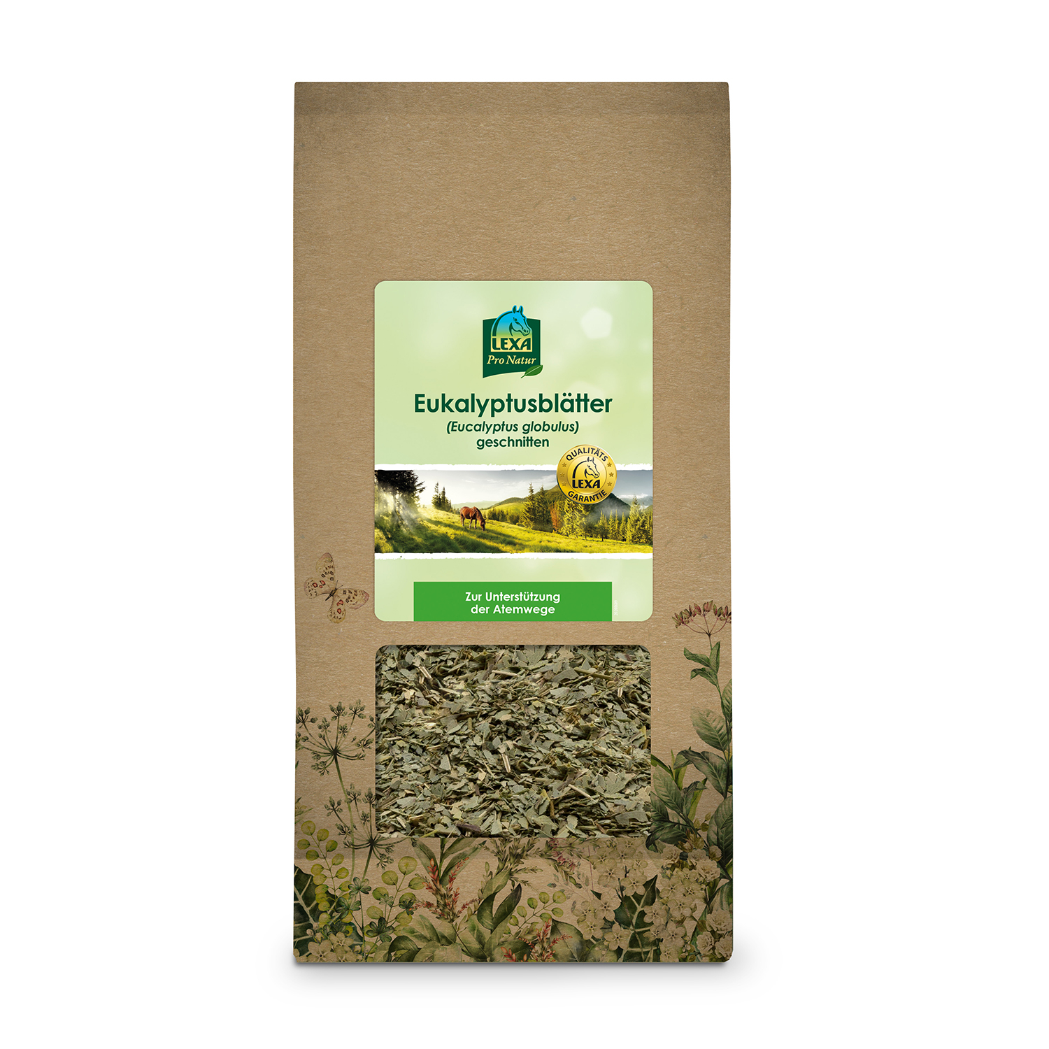 Verpackung mit Eukalyptusblättern, braune Tüte mit Sichtfenster, Produktname und Herkunftsangabe auf dem Etikett.