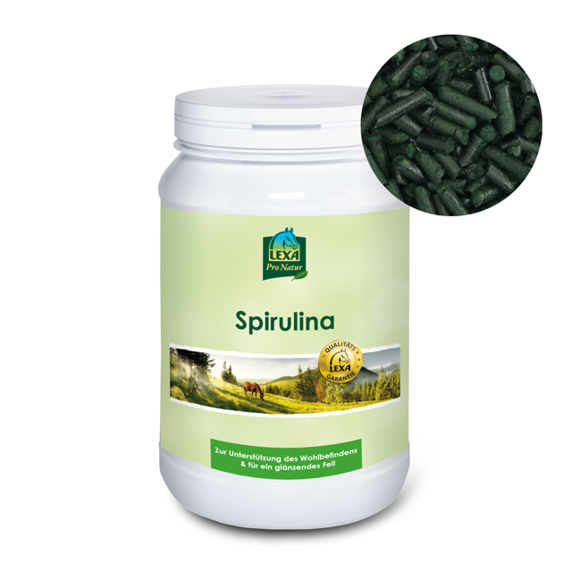 LEXA Pro Natur Spirulina Pulver in einem weißen Behälter, zur Unterstützung des Wohlbefindens.
