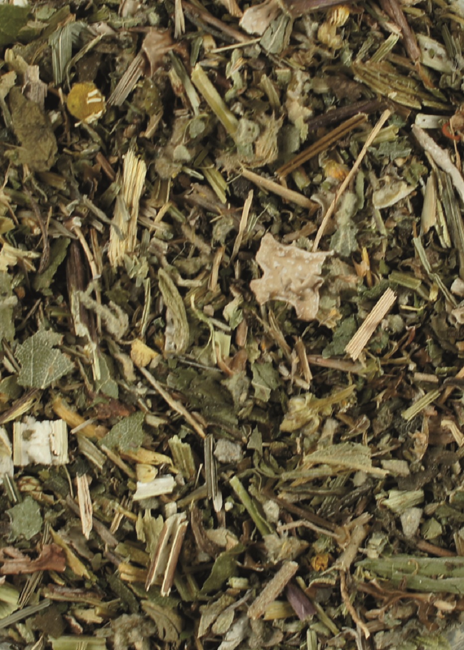 Eine Mischung aus getrockneten Kräutern und Pflanzenmaterialien, in verschiedenen Grüntönen.