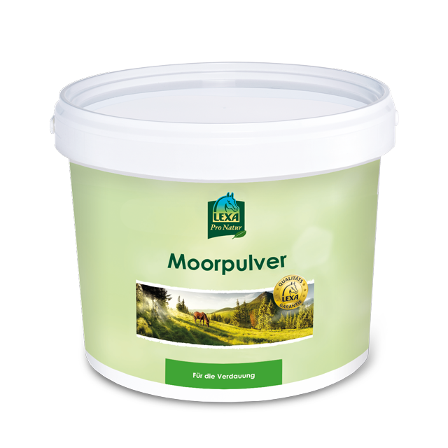 Eimer mit LEXA Moorpulver, grüne Verpackung, mit Landschaftsbild und dem Text 'Für die Verdauung'.