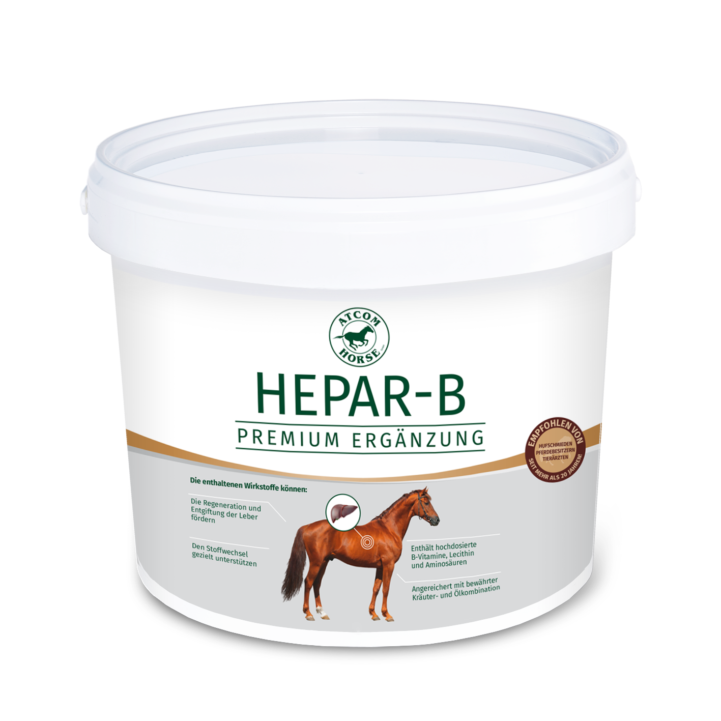Eimer mit Hepar-B, einer Premium-Ergänzung für Pferde, mit einem Bild eines Pferdes und einer Beschreibung der Vorteile.