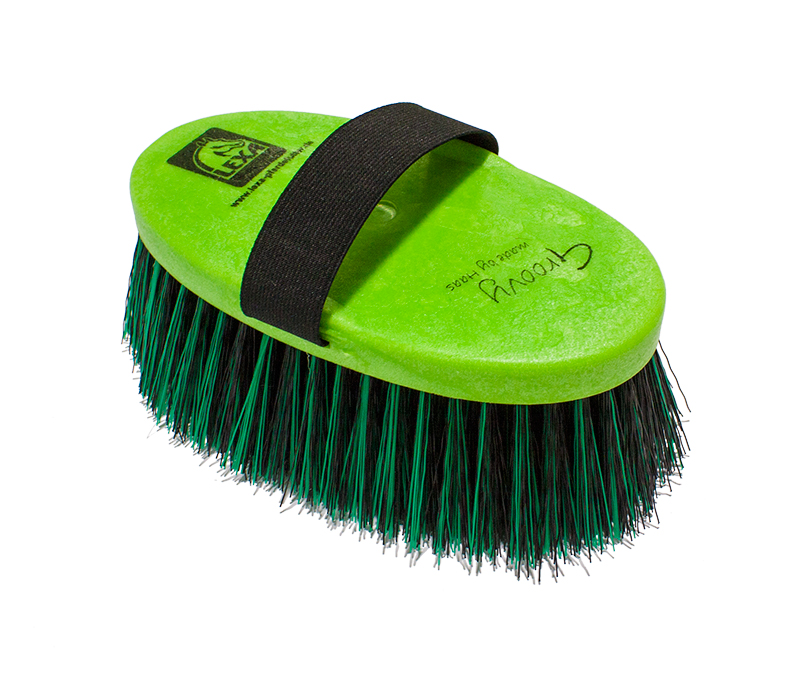 Grüne Putzbürste mit schwarzem Griff und langen Borsten, geeignet für die Reinigung.