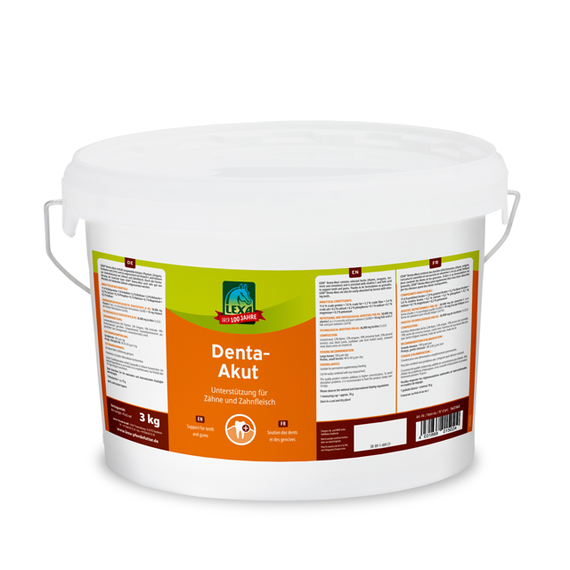 Denta-Akut, 3 kg Eimer, Unterstützung für Zähne und Zahnfleisch, mit detaillierten Inhaltsstoffen und Anwendungshinweisen auf dem Etikett.