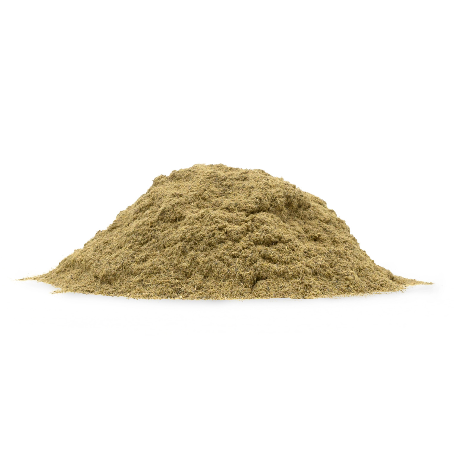 Kleine Menge von getrocknetem Süßholzwurzeln, fein gemahlen(Pulverform) auf weißem Hintergrund