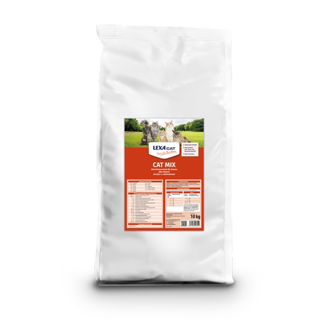 10 kg Sack mit Katzenfutter von LEXA Cat, auf dem Etikett sind Katzen abgebildet und Nährstoffinformationen angegeben.