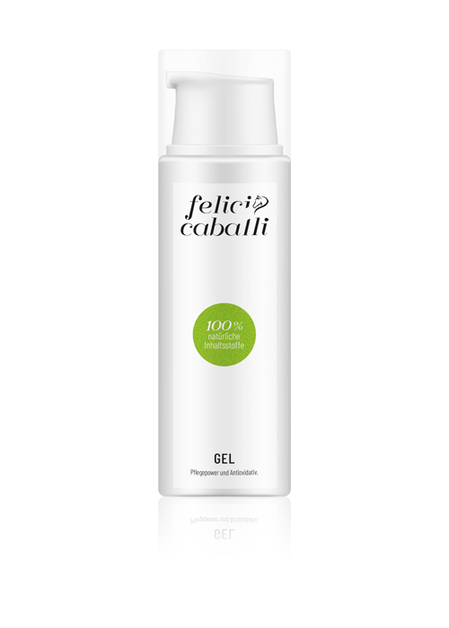 Felic Caballi Gel, 100% natürliche Inhaltsstoffe, in einer weißen Flasche mit grünem Etikett.