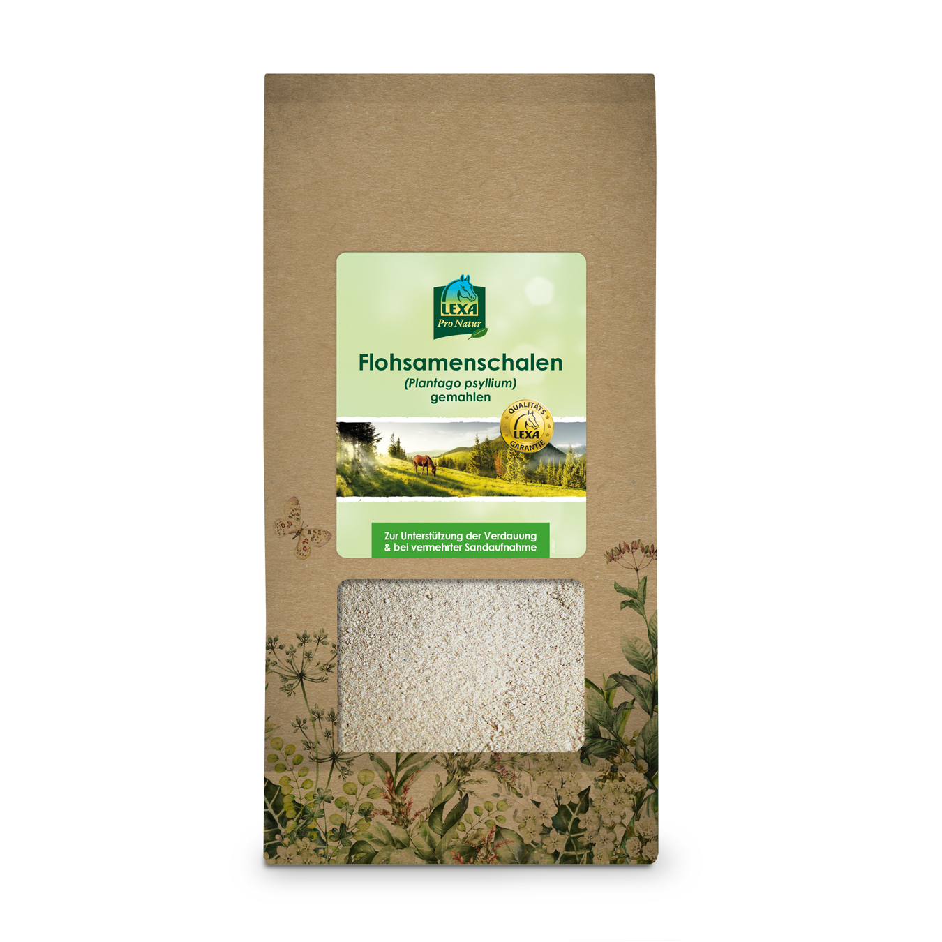 Braune Papiertüte mit Flohsamenschalen (Psyllium) mit Sichtfenster. Kräuterillustration am Rand der Verpackung.