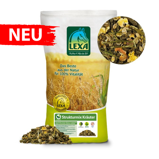 Grüner Sack als Verpackung unseres LEXA Strukturmix Kräuter. Mit einer roten Banerole und einem Produktbild das die Struktur des Müslis abbildet.