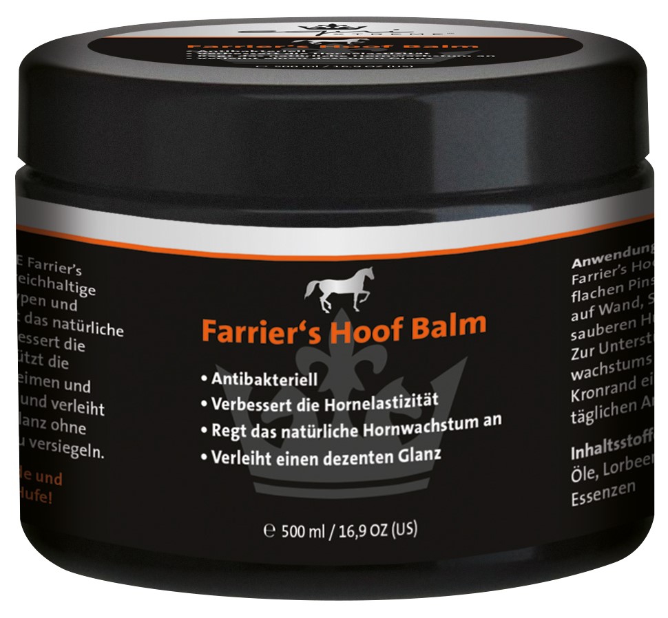Farrier's Hoof Balm in einem schwarzen Behälter, 500 ml, mit antibakteriellen Eigenschaften und zur Verbesserung der Hornelastizität.