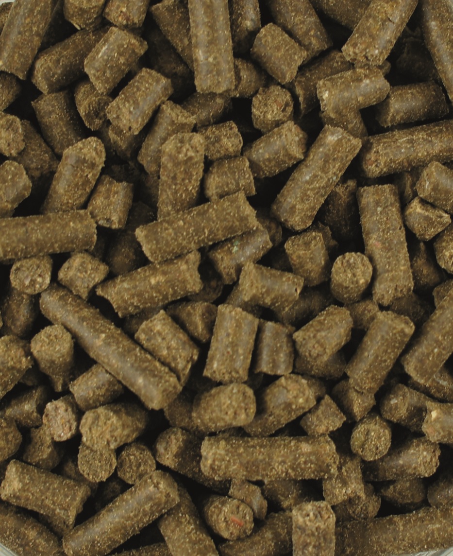 Braune Tierfutterpellets in verschiedenen Größen, dicht gepackt.