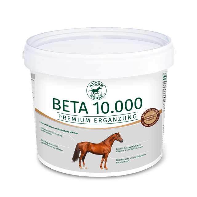Eimer mit BETA 10.000 Premium Ergänzung für Pferde, weißer Behälter mit grünem Logo und Abbildung eines Pferdes.