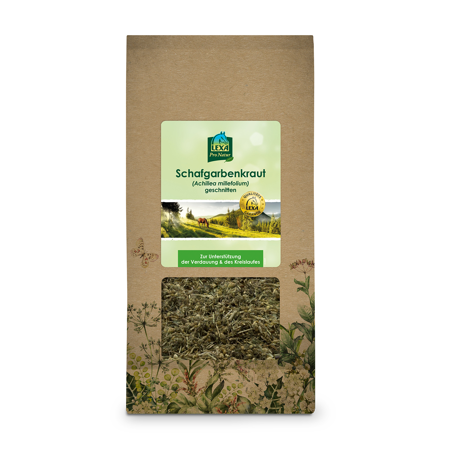 Braune Papiertüte mit Schafgarbenkraut, mit Sichtfenster und grünem Etikett. Kräuterillustrationen am Rand der Verpackung.