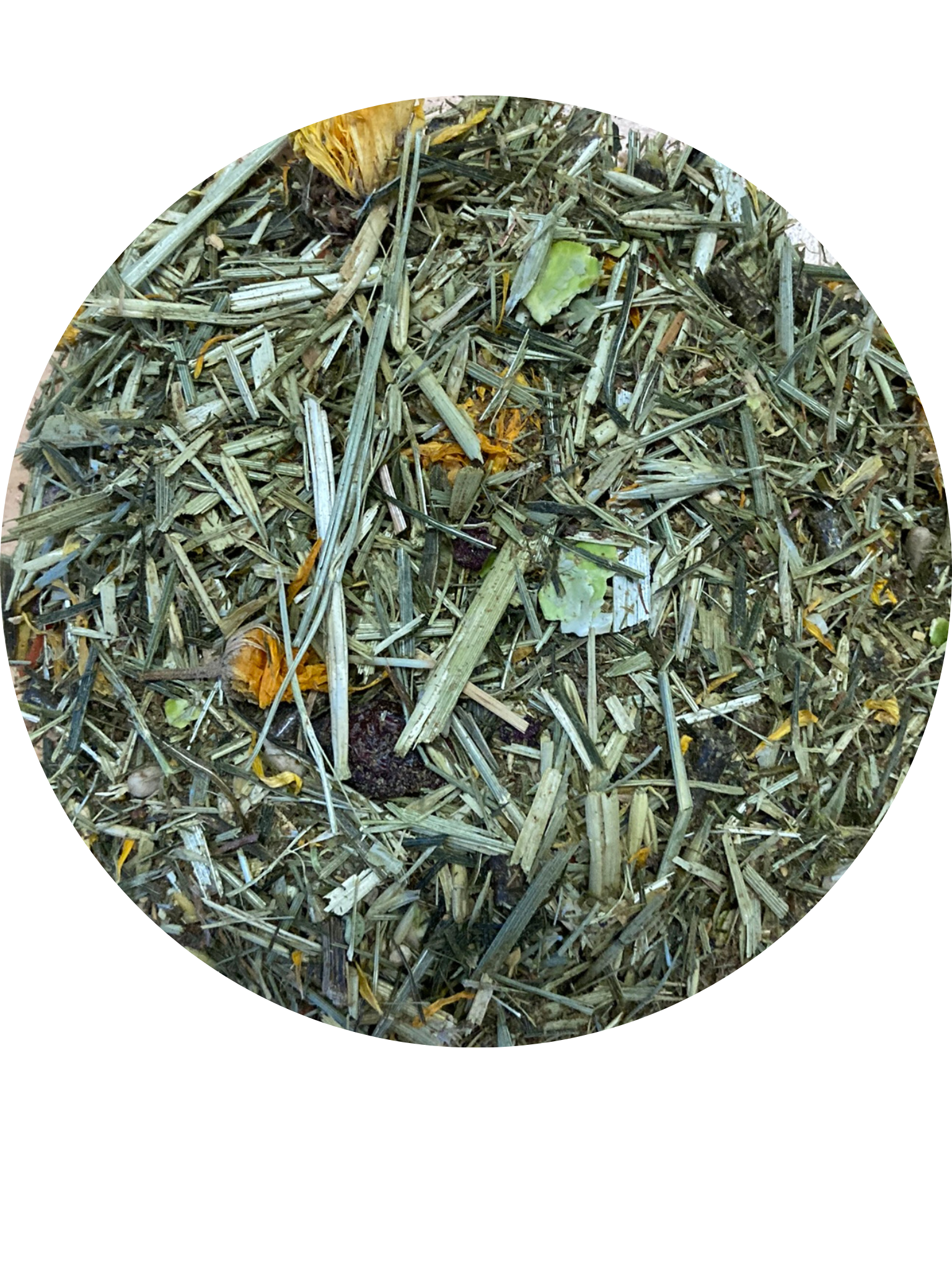 Leinextraktionsschrot, Grünhafer, Grünmehl, Leinexpellerfeinmehl, Erbsenflocken, Leinöl, Biertreber, Sojaextraktionsschrot (QS-Sojaplus), Sonnenblumenkerne, Bierhefe, Karottenwürfel, rote Beete, Ringelblumen, Hagebutten