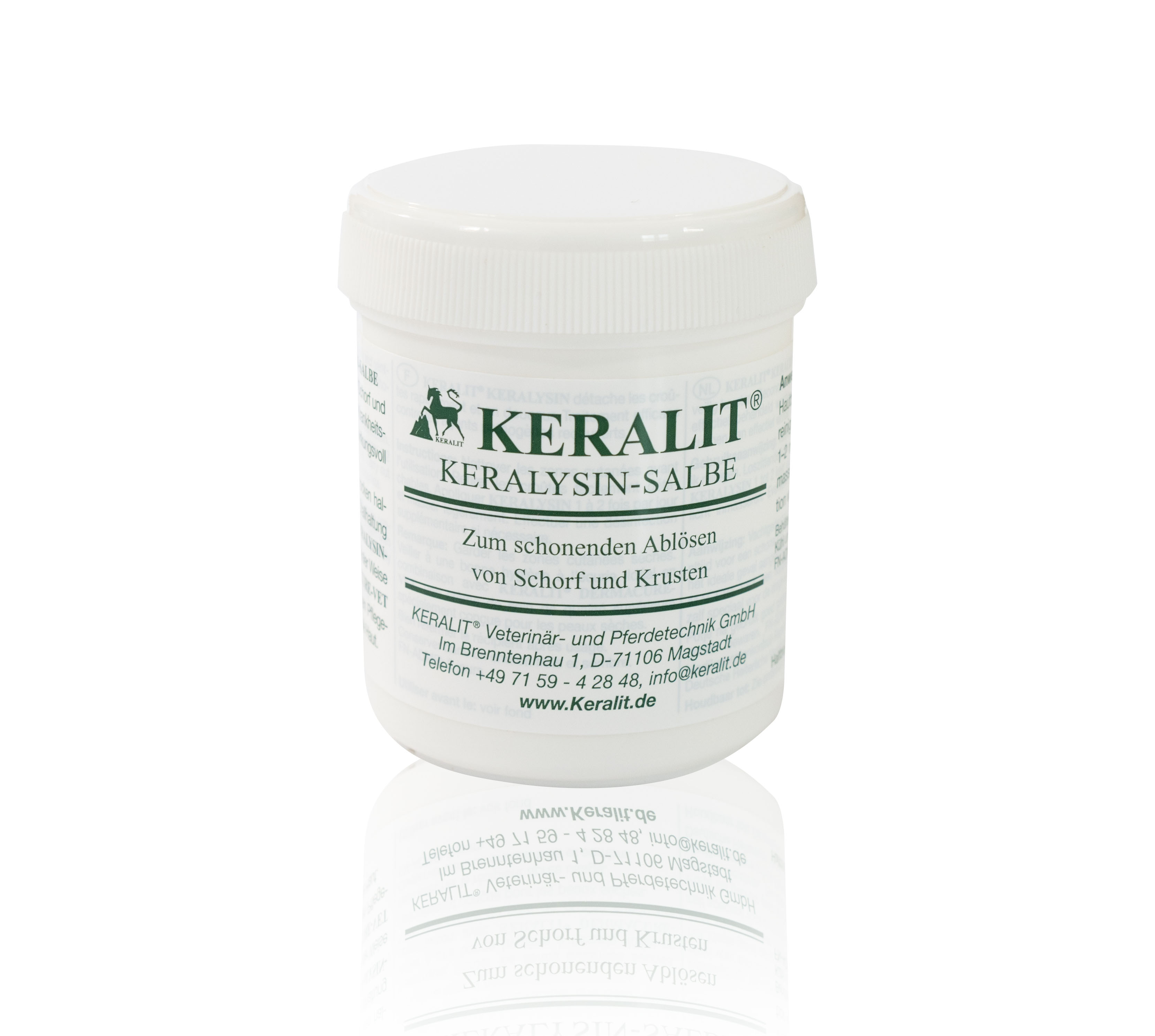 KERALIT Keralysin-Salbe in einem weißen Behälter, zur schonenden Ablösung von Schorf und Krusten.