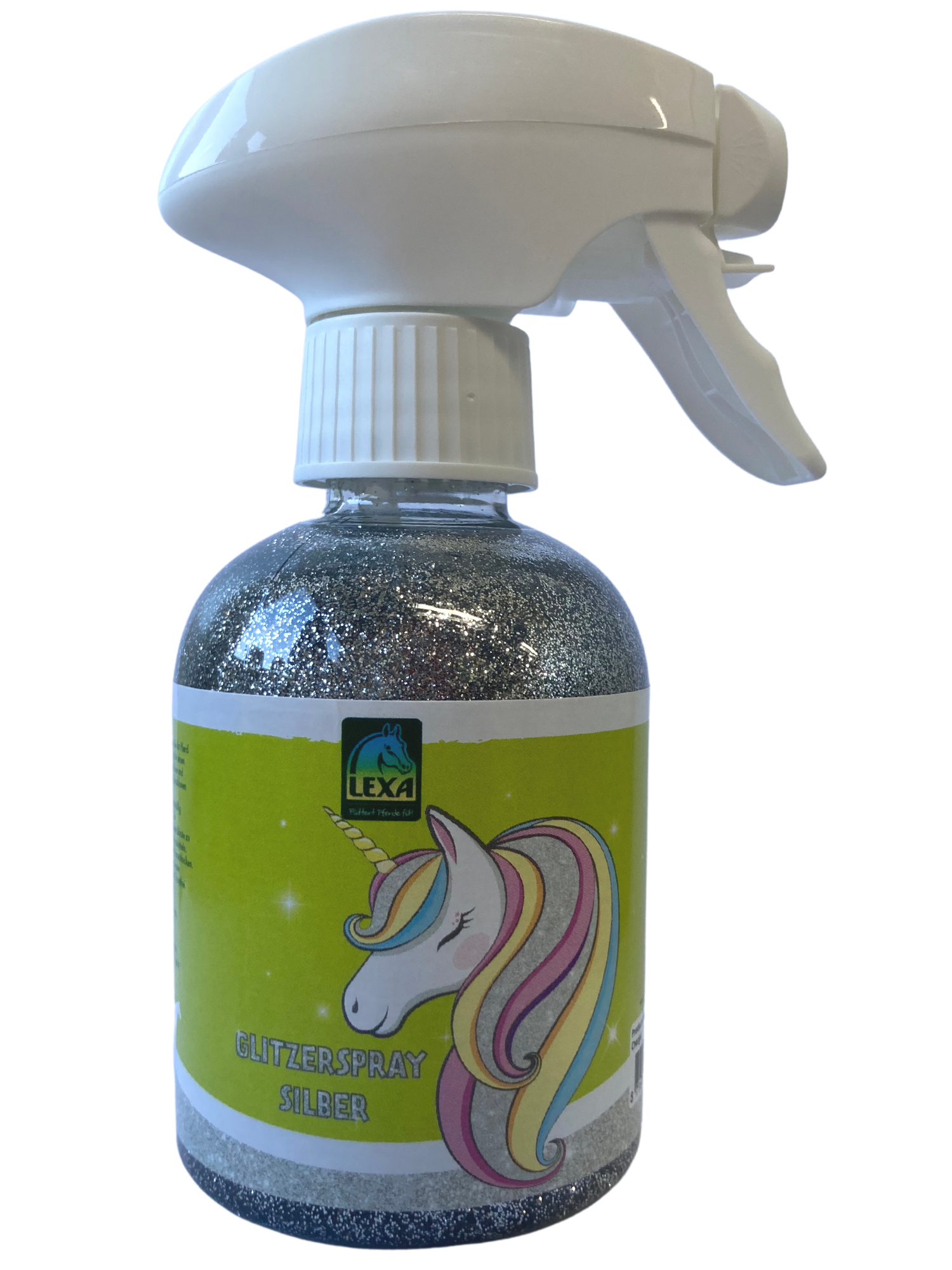 ALEXA Feenglitter silber, in einem durchsichtigen Gefäß mit einem grünen Etikett und einem weißen Pumpaufsatz