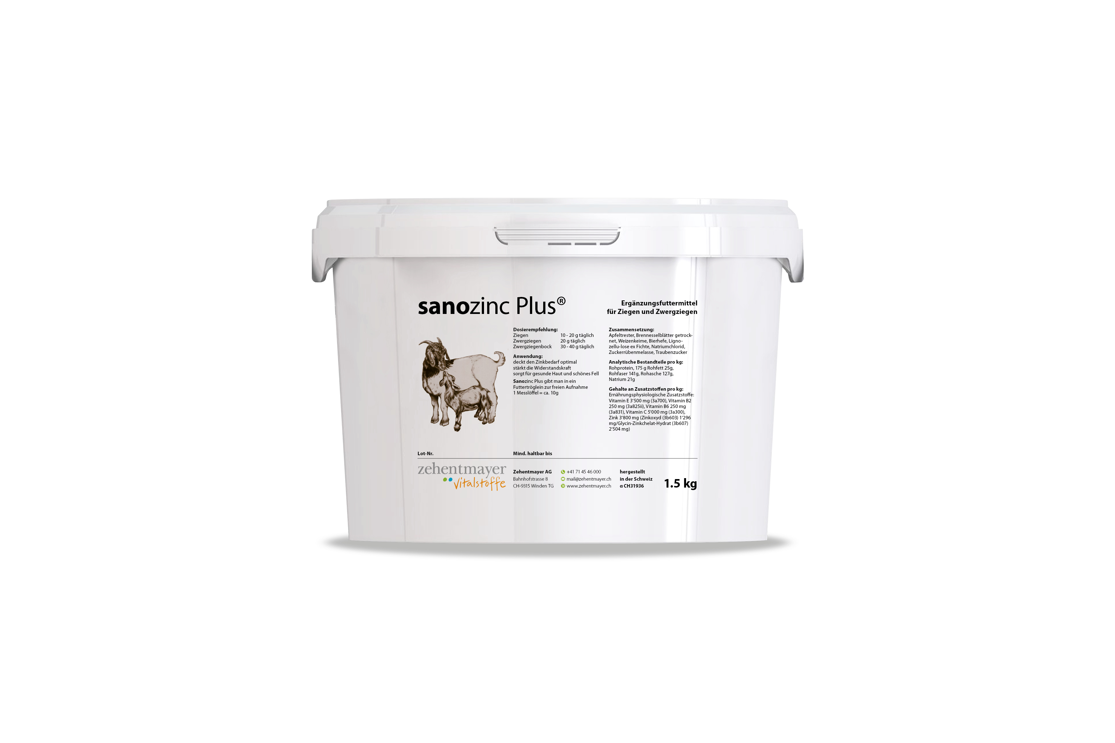 Sanozinc Plus, ein 1,5 kg Eimer für die Tierpflege, mit Anweisungen und Inhaltsstoffen auf dem Etikett.