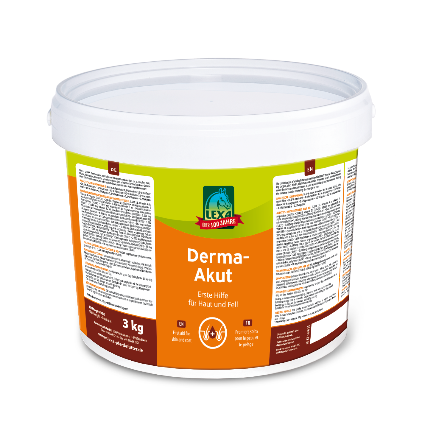 Eimer mit Derma-Akut, 3 kg, Erste Hilfe für Haut und Fell, orange-weiße Verpackung mit mehrsprachigen Informationen.
