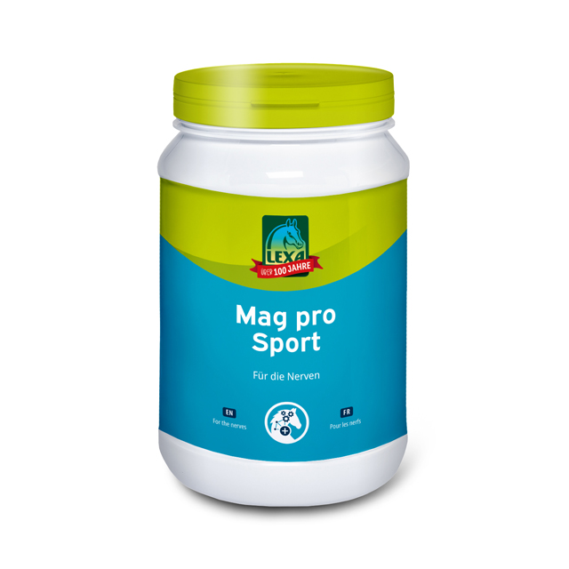 Behälter mit Nahrungsergänzungsmittel "Mag pro Sport" von Lex, blau-grüne Verpackung, für Nerven.