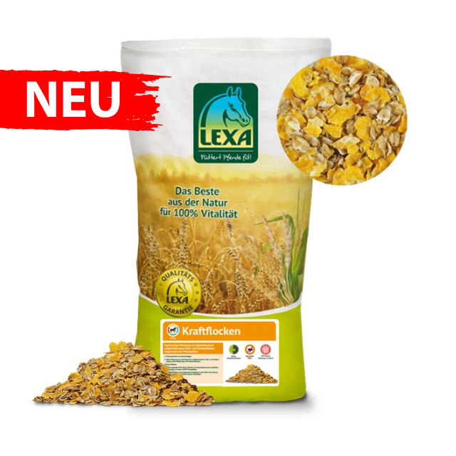 LEXA Kraftflocken, ein neues Produkt aus 100% natürlichen Zutaten, in einer gelben Verpackung mit einer Abbildung der Flocken.