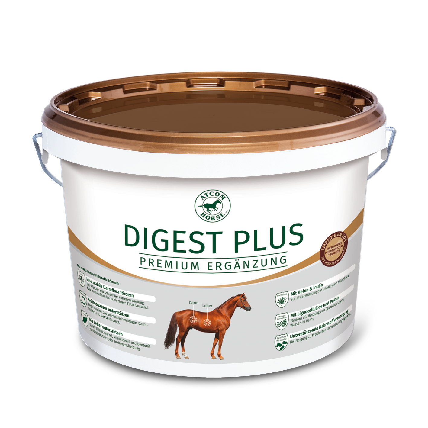 Eimer mit der Aufschrift 'DIGEST PLUS', ein Premium-Ergänzungsfutter für Pferde, mit einem Bild eines Pferdes.