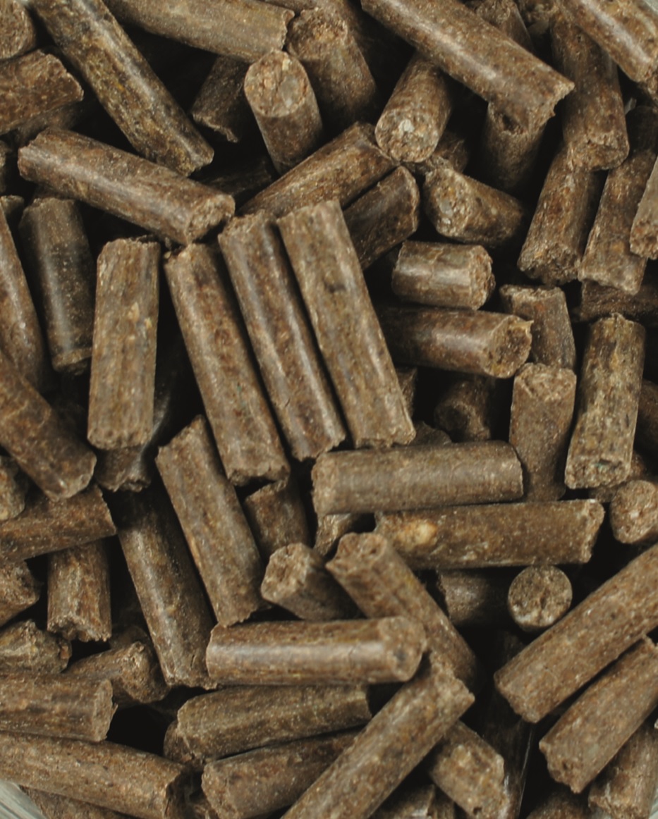 Braune Pellets aus organischem Material, dicht gepackt und unregelmäßig geformt.