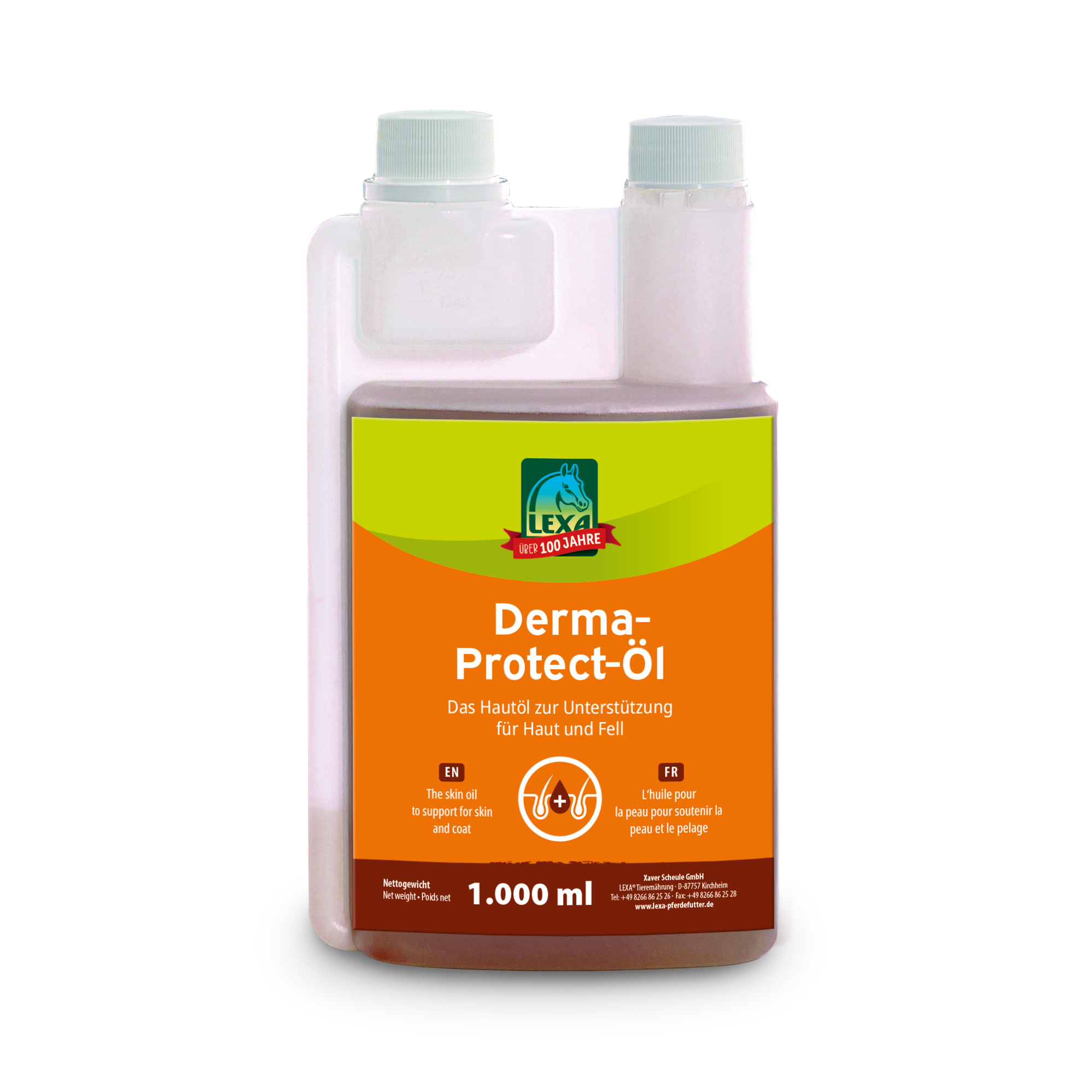 Derma-Protect-Öl von LEX in einer durchsichtigen Dosierflasche (Kunststoff) mit orangenem Eitkettmit Hinweis zur Unterstützung für Haut und Fell.
