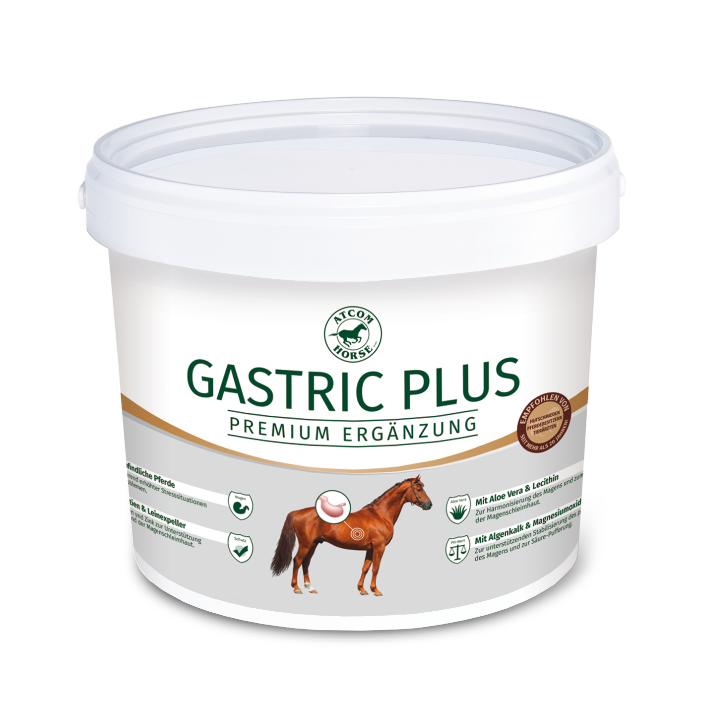 Eimer mit Gastric Plus, einem Premium-Ergänzungsfuttermittel für Pferde, mit Abbildung eines Pferdes.
