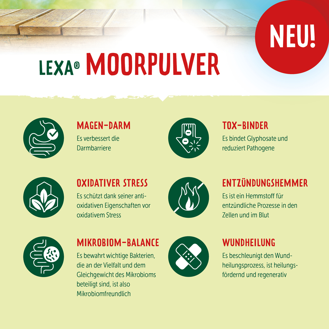 Produktinformation zu LEXA® Moorpulver mit Vorteilen für Magen-Darm, oxidativen Stress, Mikrobiom-Balance und Wundheilung.