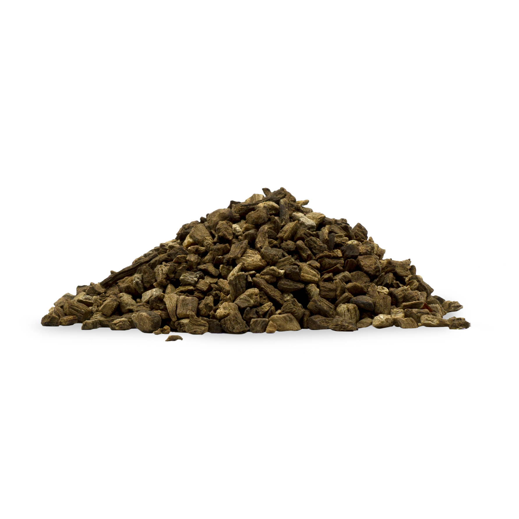Kleine Menge von geschnittenen Klettwurzeln in bräunlicher Farbe auf hellem Untergrund