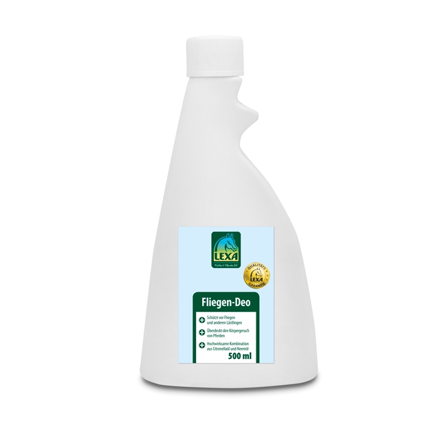 Fliegen-Deo von LEXA in einer weißen 500 ml Flasche, geeignet zur Bekämpfung von Fliegen.